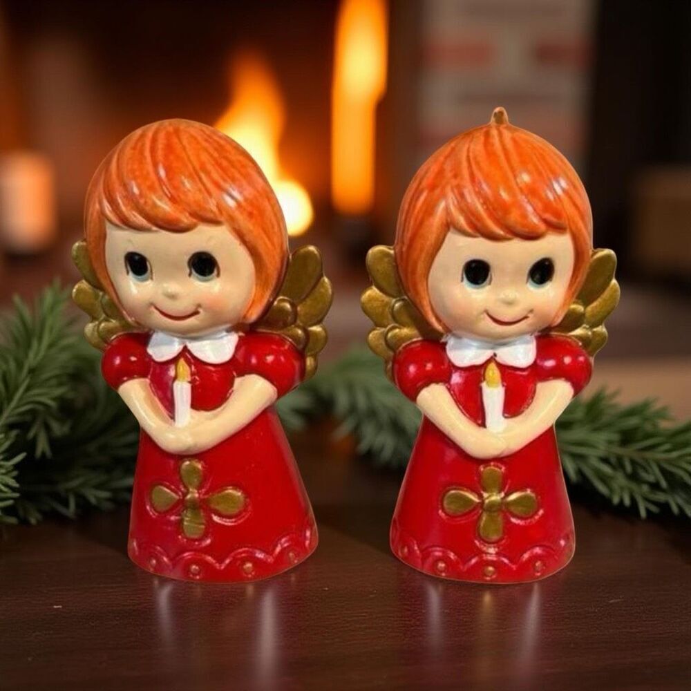 2 VINTAGE Chalkware Christmas Angel Ornaments RED HAIR Kitsch 1960s JAPAN
